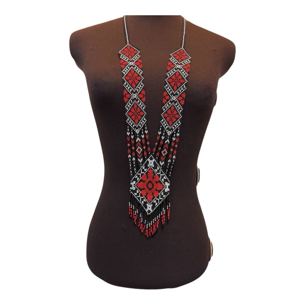Boho Beaded Necklace Ukrainian Handmade Seed Beads Lariat Red Black Ethnic
